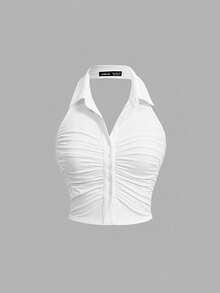 SHEIN MOD 女款素色百褶單排扣休閒掛脖背心上衣 - 白色 - 查看 5