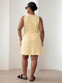 ELLERISSA Plus Size Yellow & White Stripe Round Neck Sleeveless Front Button Waffle Knit Mini Dress - Multicolor - View 5