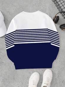Tween Boy Casual Stylish Minimalist Striped Pattern Print Pullover Sweatshirt, Comfortable & Warm For Autumn/Winter - Multicolor - View 2