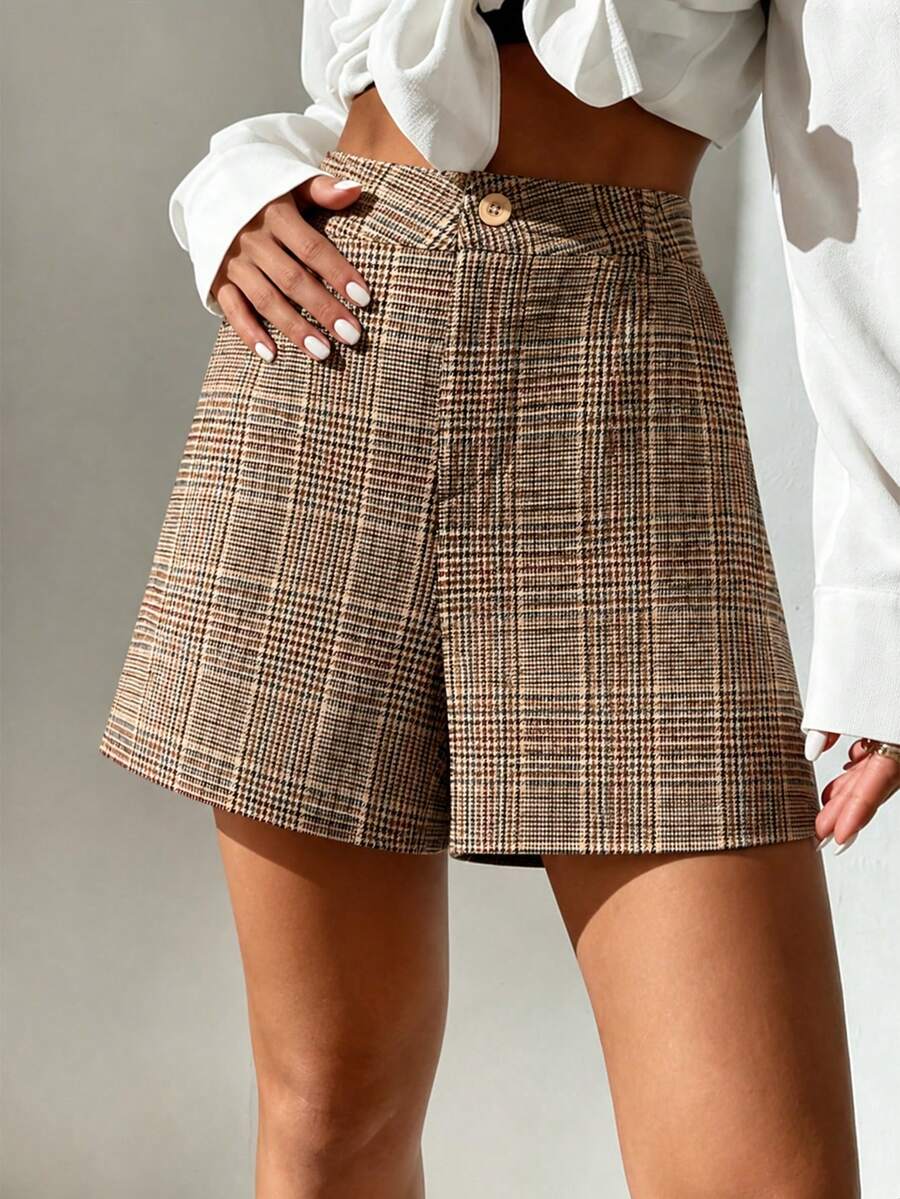 EMERY ROSE Summer Casual Commute Plaid Shorts - Brown - View 1