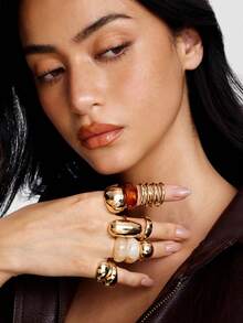 Kryxie 9pcs Exaggerated Thick Solid Metal Resin Ring Set, Stackable, Suitable For Women's Party And Daily Wear, Jewelry - Multicolor - View 4