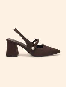 CUCCOO BASICS 時尚經典飛織透氣舒適通勤派對宴會尖頭粗跟女款高跟鞋 Slingback 後跟帶鞋 - 咖啡棕 - 查看 3