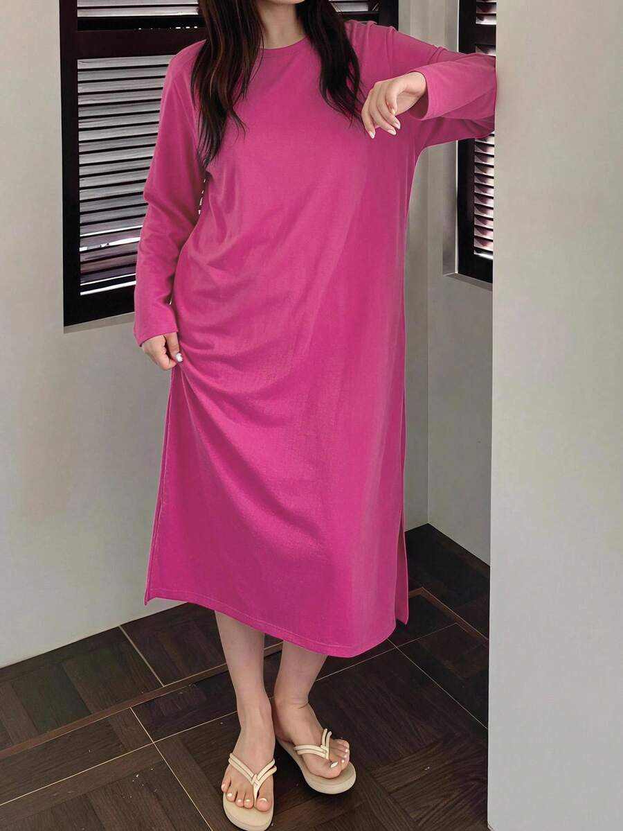 Dazy Plus Letter Print Striped T-Shirt Loose Fit Plus Size Women Spring Summer Loungewear Nightgown - Hot Pink - View 1