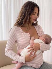 Slowluna Maternity Striped Colorblock Casual Versatile Daily Long Sleeve T-Shirt - Pink - View 1