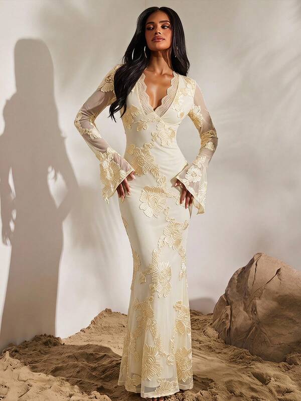 Opulessa Women's Elegant Party Dinner Floral Embroidered Mesh Dress Wedding White Floral Autumn