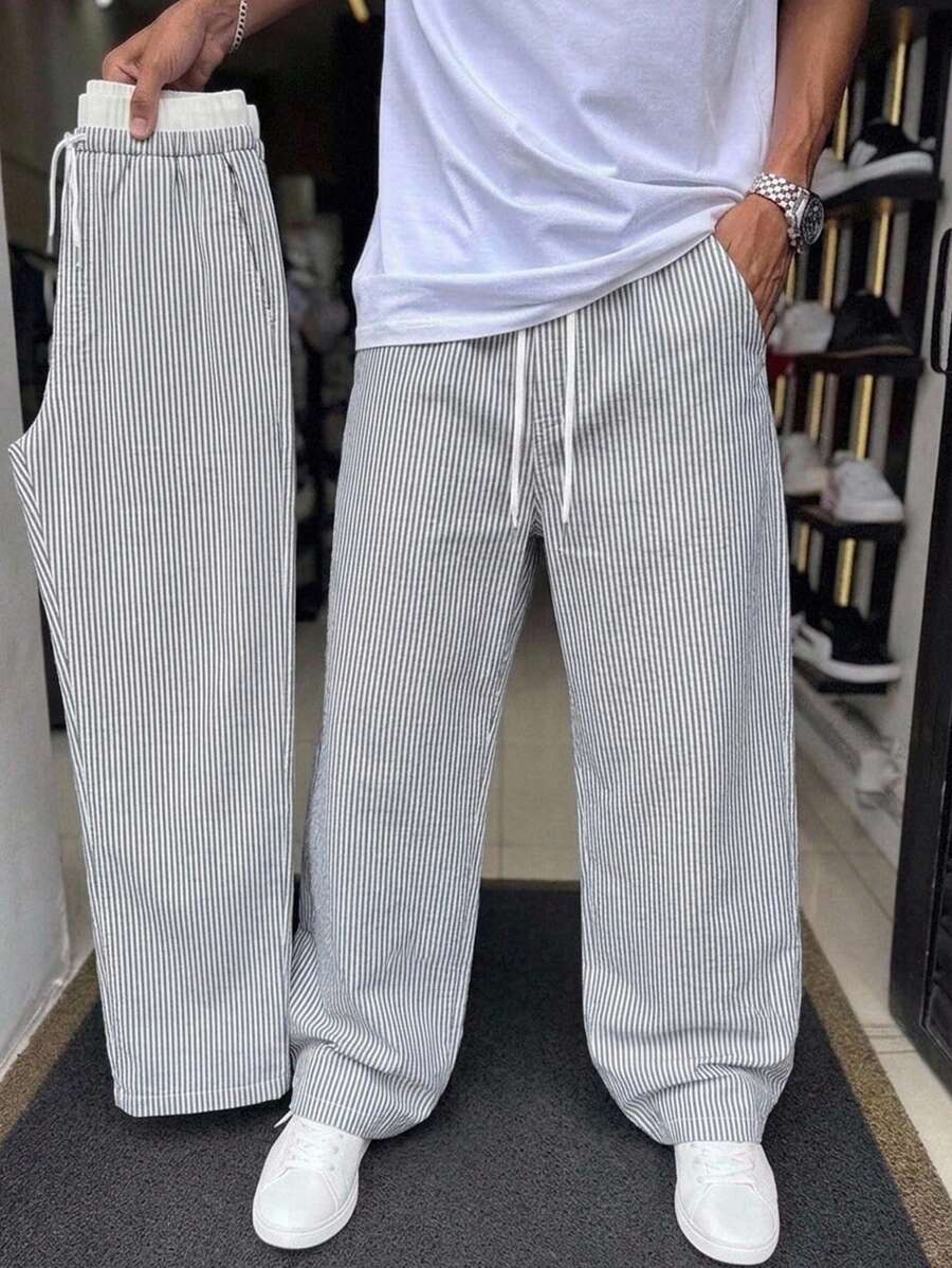 Manfinity RebelGame Men's Woven Striped Loose Long Mid-Waist Casual Straight Leg Pants Suitable For Daily Wear - smoke gray - View 1