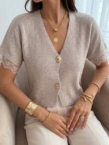 Firerie Minimalist French Elegant Fashionable Office High Tea Cafe Commute Deep V-Neck Lace Patchwork Short Sleeve Slim Fit Buttoned Beige Autumn - Khaki - View 3
