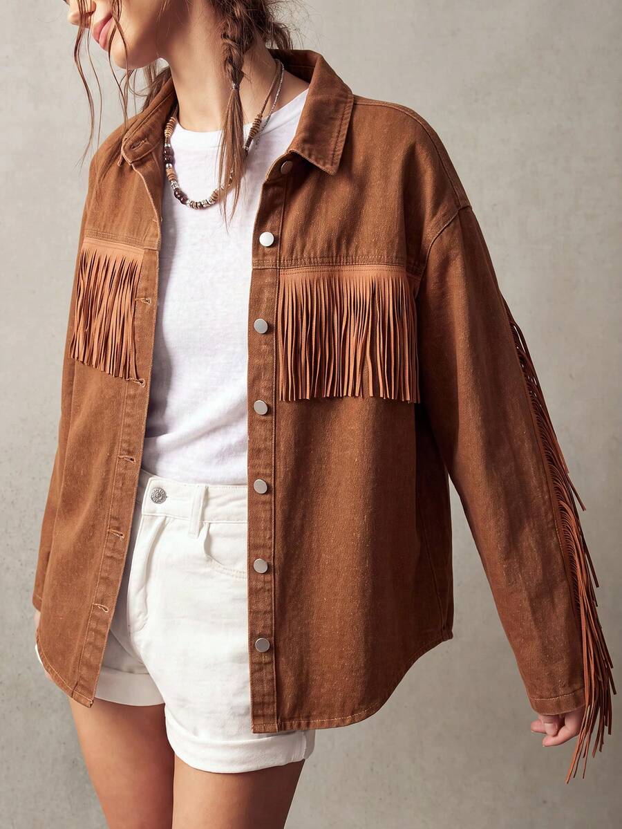 Bohemela Women's Drop Shoulder Long Sleeve Single-Breasted Casual Fringe Design Denim Jacket - Khaki - View 1
