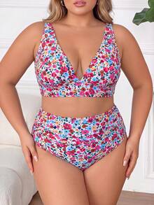 SHEIN CURVE+ Set Pakaian Renang Atasan Tank Top Motif Bunga Ukuran Besar dan Bawahan Bikini Segitiga - MultiWarna - View 5