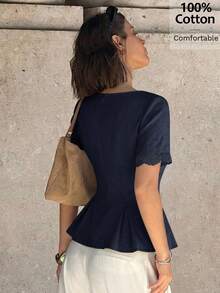 Siren Gaze Women's Solid Color Pleated Casual Versatile Daily Wear Blouse - Navy Blue - View 2