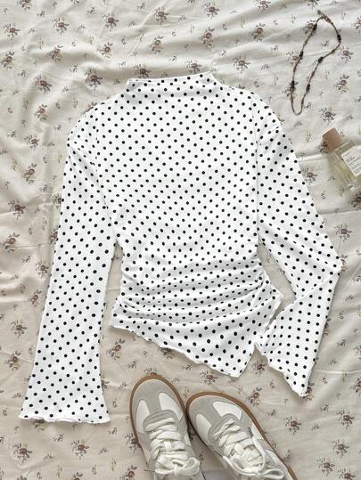 SHEIN Tween Girls Casual Fashion Knit White With Black Polka Dot Print Slim Fit Small Stand Collar Asymmetrical Hem Long Sleeve Top, Back To School