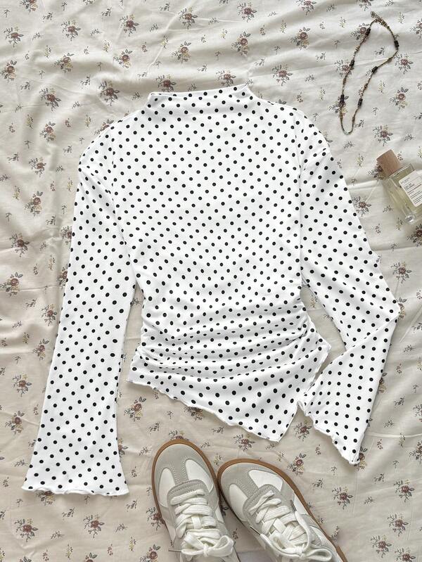 SHEIN Tween Girls Casual Fashion Knit White With Black Polka Dot Print Slim Fit Small Stand Collar Asymmetrical Hem Long Sleeve Top, Back To School