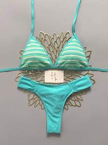 Swim Mod 女款 2 件式比基尼套裝，特殊紋理布料，三角綁帶上衣與抓皺比基尼褲，夏季海灘泳裝 - 藍色 - 查看 3
