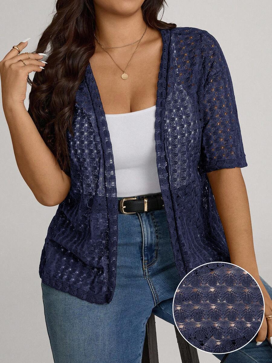 SHEIN LUNE 大尺碼女款純色休閒百搭日常開襟衫 - 寶藍色 - 查看 1