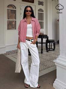 SHEIN BAE 女款格紋休閒百搭日常長袖夾克 - 紅色 - 查看 6