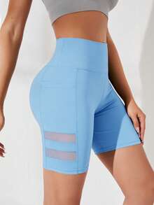SHEIN Sports Solid Color Wide Waist Slim Fit Sports Shorts (With Pockets) - Blue - View 7