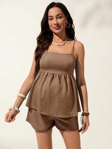SHEIN Women's Casual Vacation Solid Color Ruffle Collar Cardigan & Shorts Maternity Set, Spring/Summer - Brown - View 2