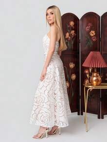 PRISCILA ESCOTO PRISCILA ESCOTO ELEGANT FRENCH STRAPLESS ROSE FLORAL A-LINE DRESS FOR LADIES Party - White - View 3