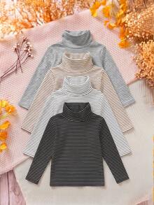 SHEIN 4pcs Baby Girl High Neck Striped Thick Composite Material Loose Versatile Base Layer Tops Suitable For Winter - Multicolor - View 6