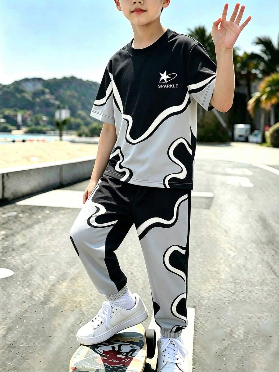 SHEIN 大童黑色灰白色不規則波浪星星印花長袖運動衫褲子套裝 秋季返校穿搭 - 彩色 - 查看 1