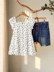 SHEIN CURVE+ Plus Size French Polka Dot Print Square Neck Ruffle Hem Blouse Vacation, Fall Winter 2026 22W - Black - View 7