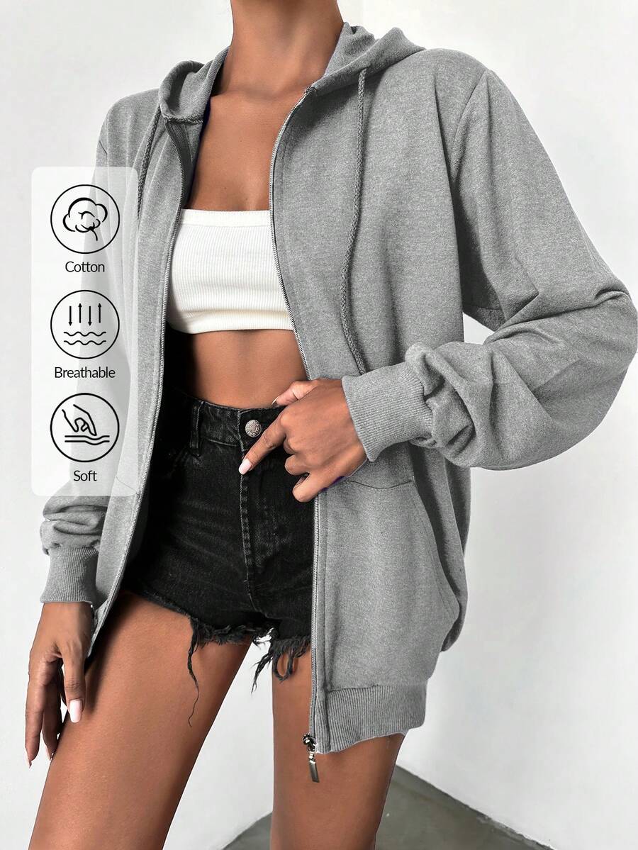 EURMUSE 1pc Casual Solid Color Zip Up Drawstring Hoodie, Autumn/Winter - Light Grey - View 1