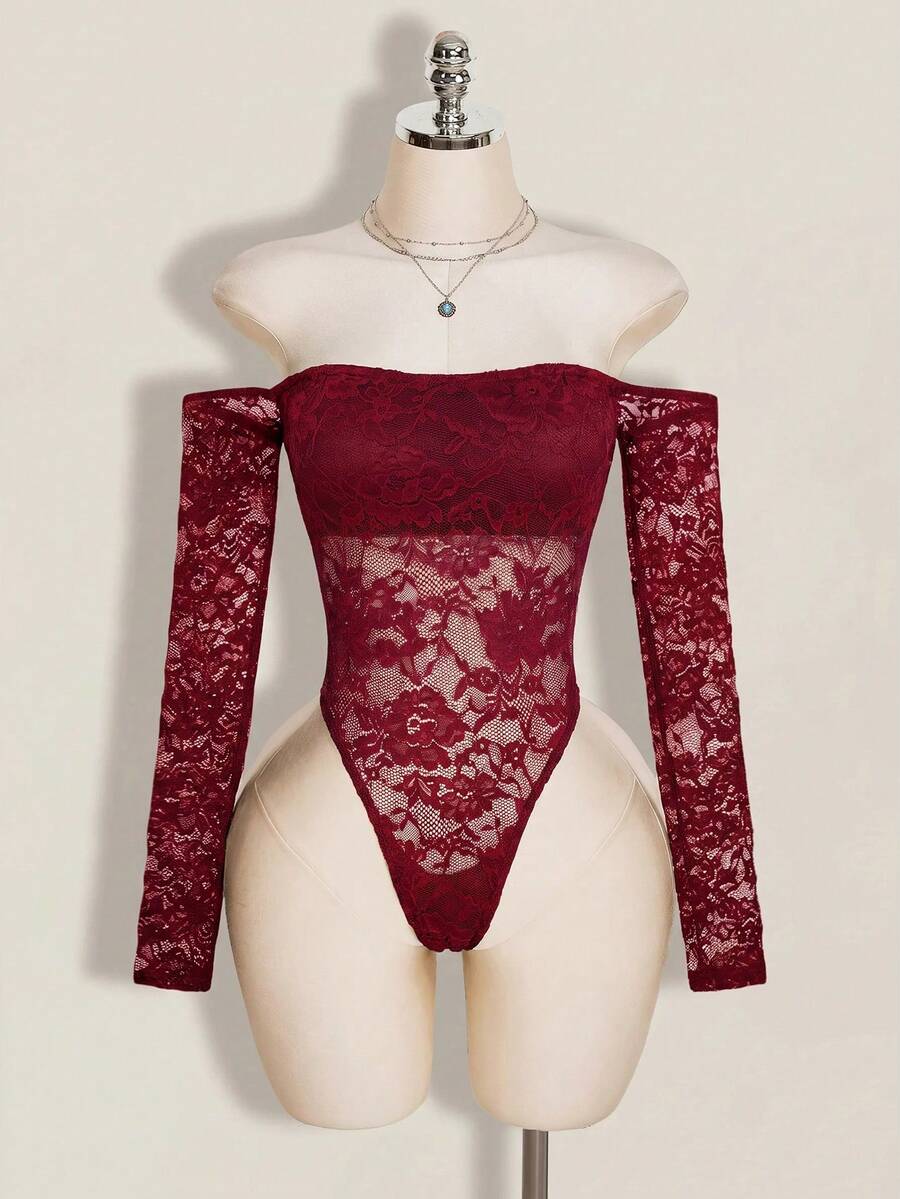 SHEIN ICON 女款蕾絲露肩性感百搭長袖連身衣 - 酒紅色 - 查看 1