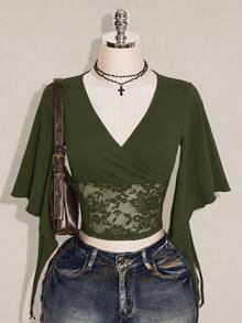SHEIN ICON 女款法式蕾絲修身百褶甜美T恤 - 軍綠色 - 查看 3
