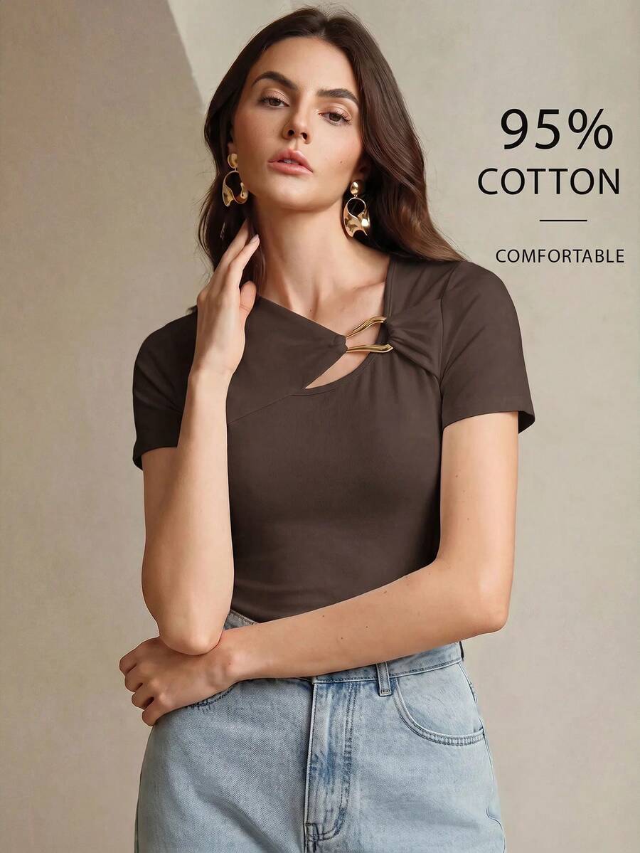 Anewsta Women's Solid Color Metal Decor Slim Fit Versatile Casual Short Sleeve T-Shirt - Coffee Brown - View 1