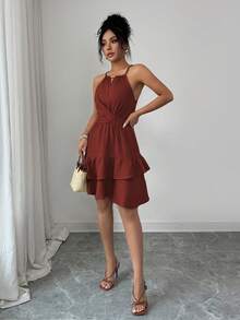 Elenzga Women's Spring/Summer Elegant Khaki Beaded Bow Tie Sleeveless Fitted Flared Mini Dress - Burnt Orange - View 6
