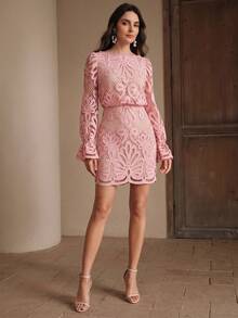 Anewsta Spring/Summer Off Shoulder Lace Fabric Petal Sleeve Short Dress, Elegant Women's Dress - Pink - View 3
