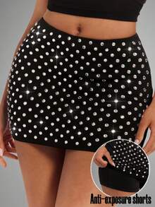 Radiana Women's Rhinestone Decorated Fitted Mini Skirt Shorts - Black - View 2