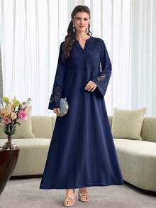 Al Najma Spring/Summer Fashion V-Neck Flared Sleeve Patchwork 3D Embroidered Lace Trim Full Skirt Dress - Navy Blue - View 7
