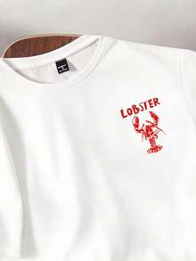 Manfinity Joysei Men's Letter & Lobster Print Short Sleeve T-Shirt And Striped Drawstring Waist Shorts Set - Red - View 4