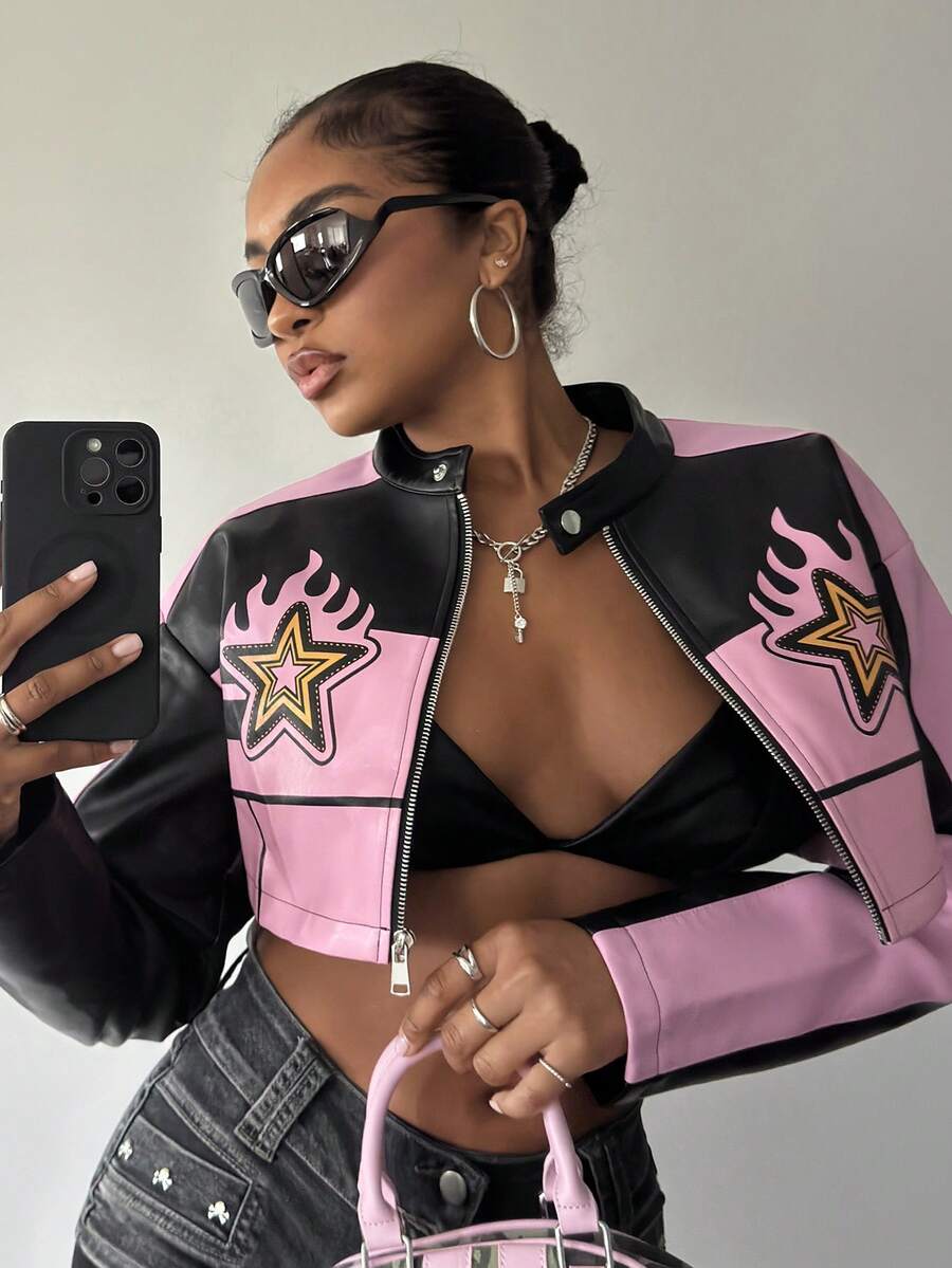 Slaydiva Women Pink Black Color Block Cropped  Jacket Star Flame Patch Zip‑Up Stand Collar Y2K Street Outerwear Holiday Club Party Halloween Christmas