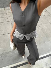 Siren Gaze Women's Grey Sleeveless Suit Vest & Wide-Leg Trouser Set With Lace Detailing – Elegant Autumn Office Wear For The Sophisticated Professional - Grey - View 9