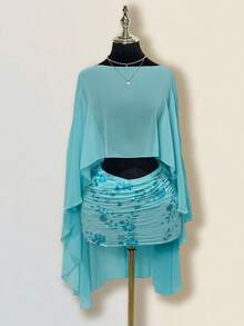 SHEIN ICON 女士亮片刺绣褶皱紧身迷你裙，夜店性感款 - 藍色 - 查看 8