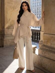 Elenzga Apricot Textured Washed Linen Asymmetrical Wrap Long Top With Belt, Lazy Minimalist Elegant Shirt, Suitable For Home, Office And Street Wear - Apricot - View 5