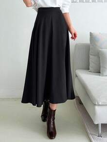 DAZY Solid Long Flare Skirt,Ruffle Fall - Black - View 3
