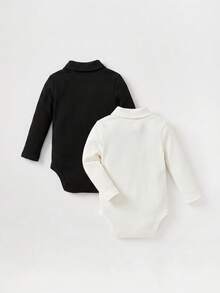 SHEIN 2pcs Baby Girl Casual Cute Knit Solid Color Long Sleeve Rompers - Black and White - View 4