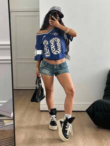 Coolane 女款春夏街头风 Y2K 豹纹印花数字足球球衣 V 领粉色 T 恤 - 藍色 - 查看 6