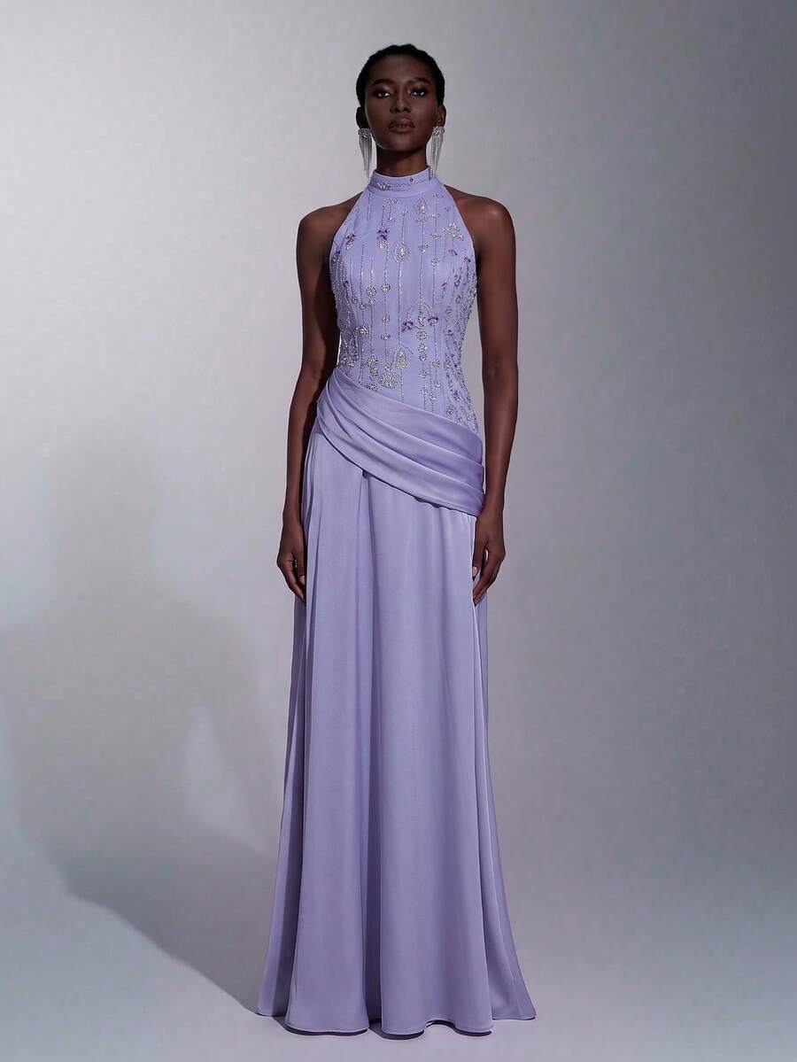 Elitara 優雅正式浪漫時尚亮片刺繡緞面拼接百褶A字長款派對晚禮服 淺藍色婚禮賓客伴娘秋季禮服 - 紫丁香色 - 查看 1