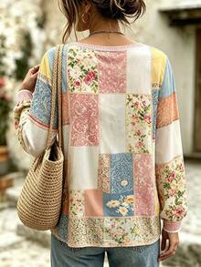 Selamara Women's Casual Floral And Plaid Print Round Neck Long Sleeve T-Shirt, Suitable For Daily Wear Fall - Apricot - View 2
