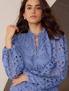 Frievida Autumn New French Style Premium Casual Heavy Embroidery Hollow Out Ruched Puff Long Sleeve Blouse - Baby Blue - View 2