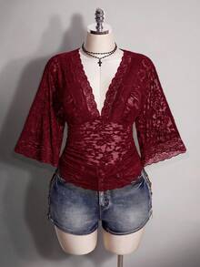 SHEIN ICON Plus Size Y2K Sexy V-Neck Lace Patchwork Flare Sleeve Top - Burgundy - View 5