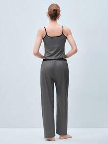 Softvol 2件組女款夏季套裝：條紋細肩帶背心上衣搭配直筒長褲 - 休閒居家服（適合戶外穿著） - 黑與白 - 查看 2