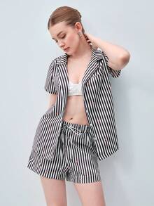 Softvol Women's Striped Heart-Shaped Casual Pajama Set With Elastic Waist Shorts, Suitable For Spring, Summer And Autumn - Black - View 8