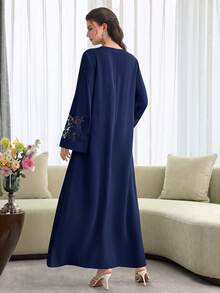 Al Najma Spring/Summer Fashion V-Neck Flared Sleeve Patchwork 3D Embroidered Lace Trim Full Skirt Dress - Navy Blue - View 2