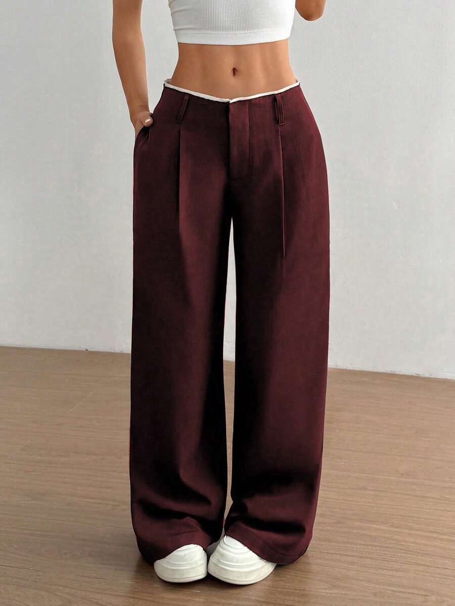 SHEIN Unity Pantalones casuales rectos y estilizantes para mujer - Burdeos - Ver 1