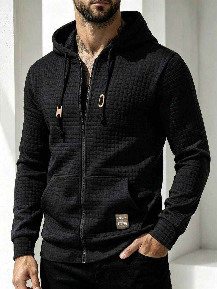 Manfinity Homme 男士華夫格紋理連帽運動衫夾克,保暖內裡,附拉鍊、抽繩與口袋 - 黑色 - 查看 1